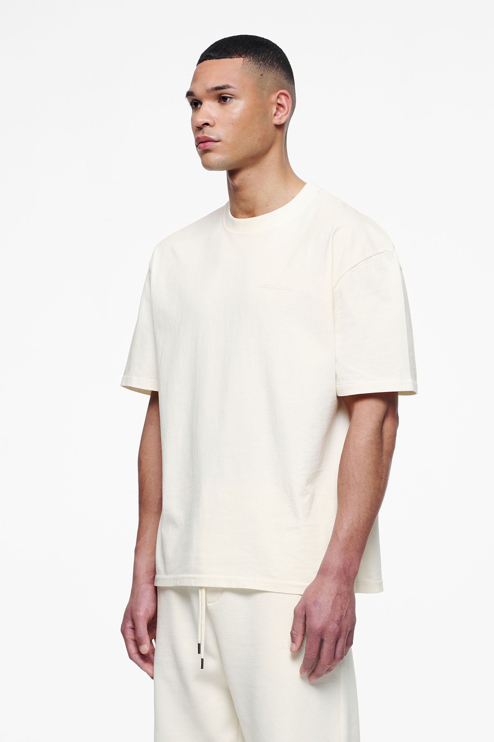 Pegador Logo Oversized Tee Vintage Washed Unbleached Gum Seitenansicht aus der Finer Things Kollektion für Herren