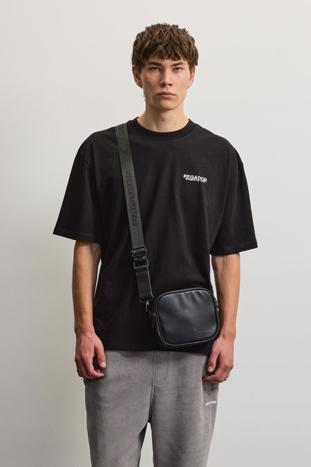 Skibo Logo Faux Leather Shoulder Strap Bag Black
