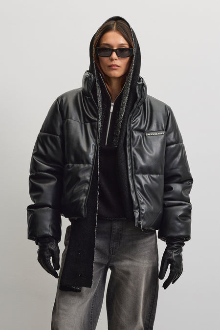 Georgia Faux Leather Puffer Jacket Metal Logo Black