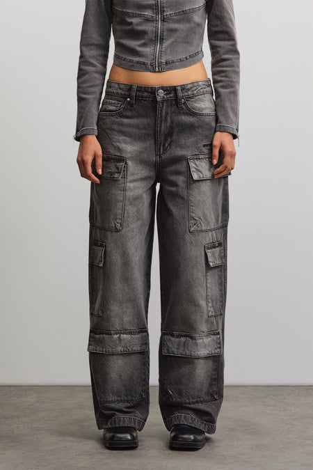 Leli High Waist Cargo Jeans Washed Deep Grey