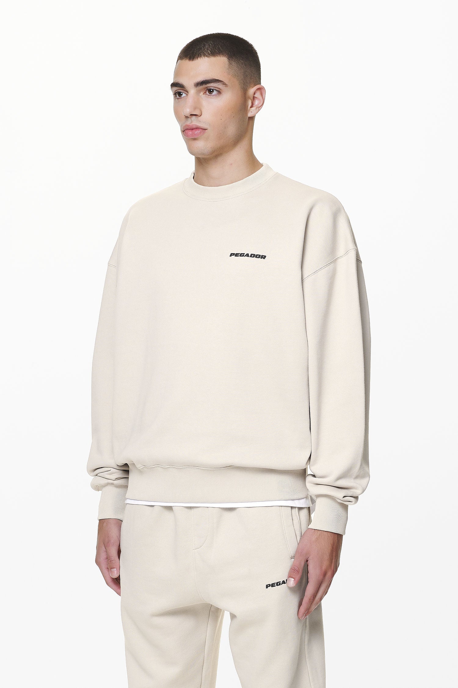 Pegador Logo Oversized Sweater Washed Dust Cream Gum Seitenansicht aus der Do not Disturb Kollektion für Herren