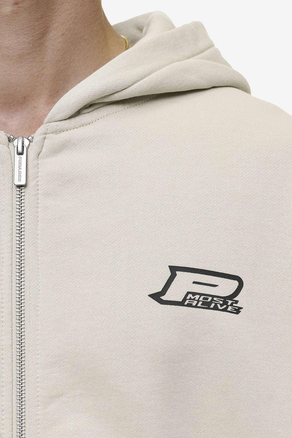 Pegador Fox Oversized Sweat Jacket Washed Light Beige Detailshot aus der Most Alive Kollektion für Herren