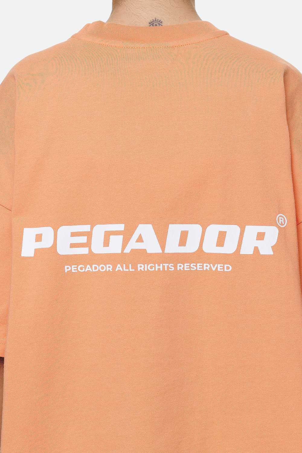 Pegador Arendal Logo Heavy Oversized Tee Washed Apricot White Detailshot aus der Never Too Late Kollektion für DaHerren