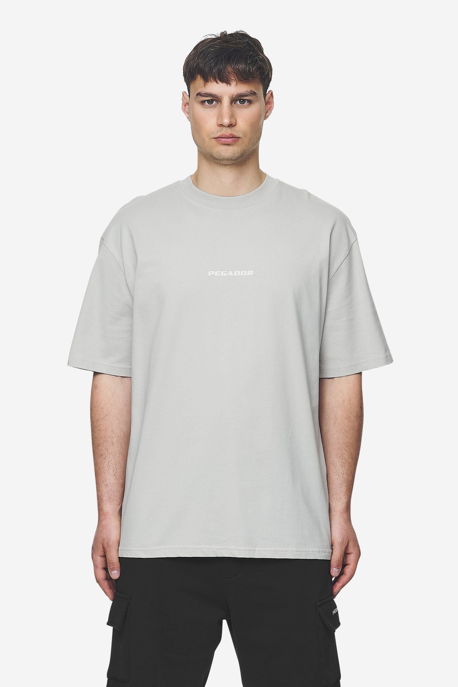 Pegador Colne Logo Oversized Tee Washed Pearl Grey Salty Cream Seitenansicht aus der Next Wave Kollektion für Herren