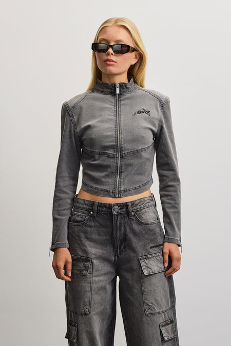 Elly Denim Biker Jacket Washed Deep Grey