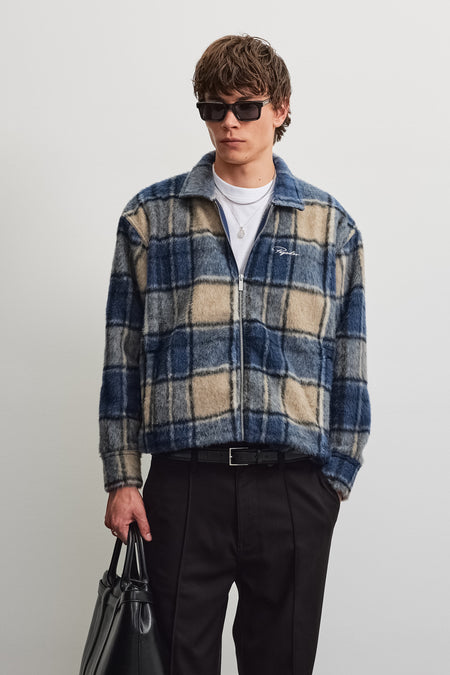 Teros Furry Flannel Overshirt Checked Stone Indigo Navy