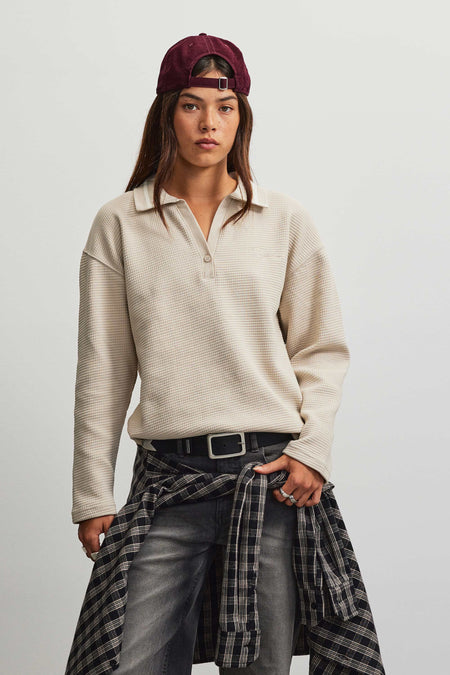 Sofia Waffle Polo Longsleeve Cozy Beige