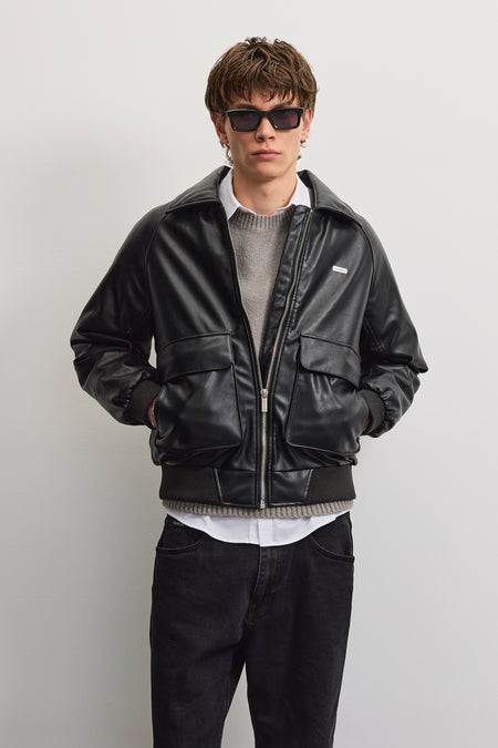 Morano Faux Leather Bomber Jacket Black