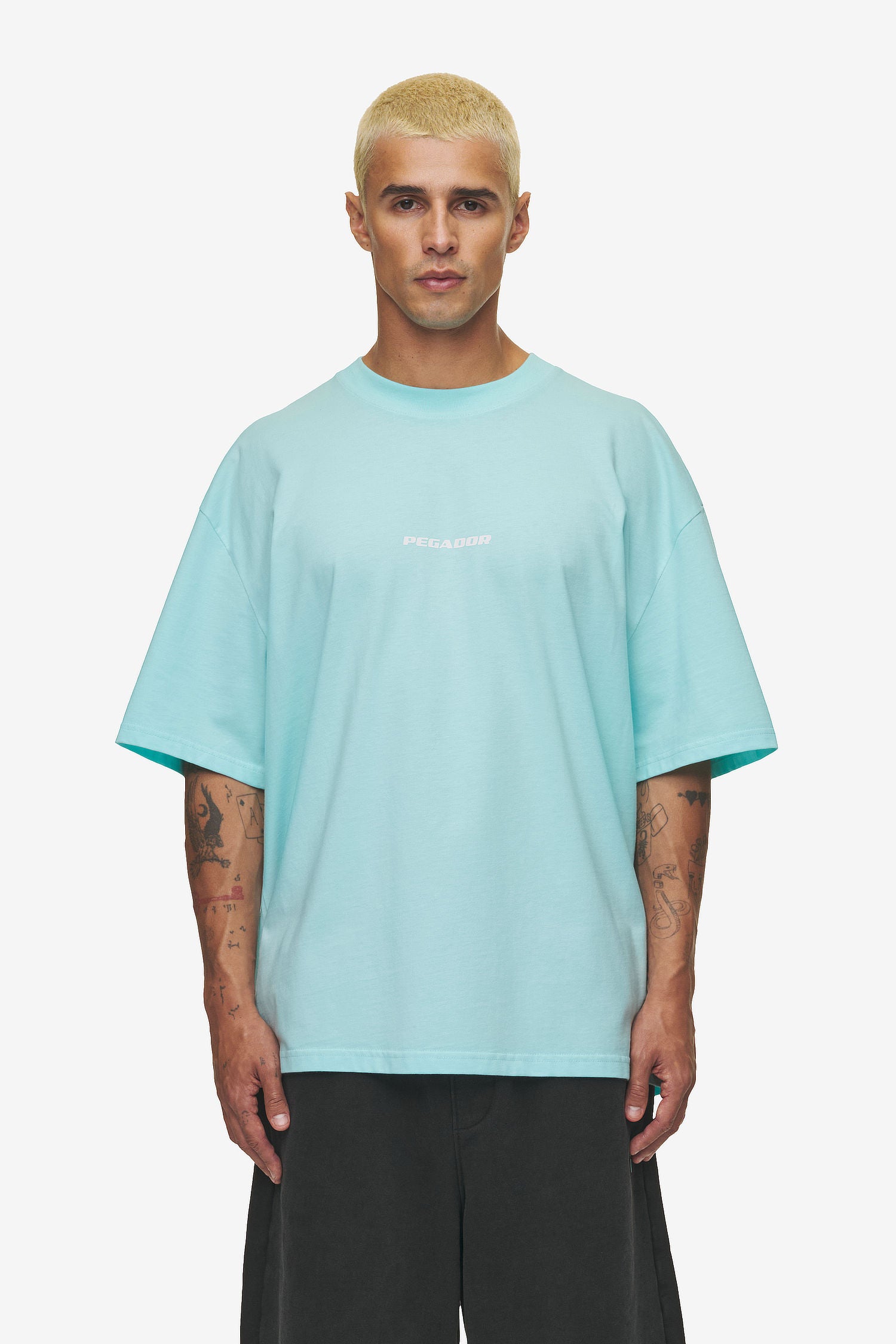 Pegador Colne Logo Oversized Tee Washed Sky Blue White Seitenansicht aus der High summer Kollektion für Herren