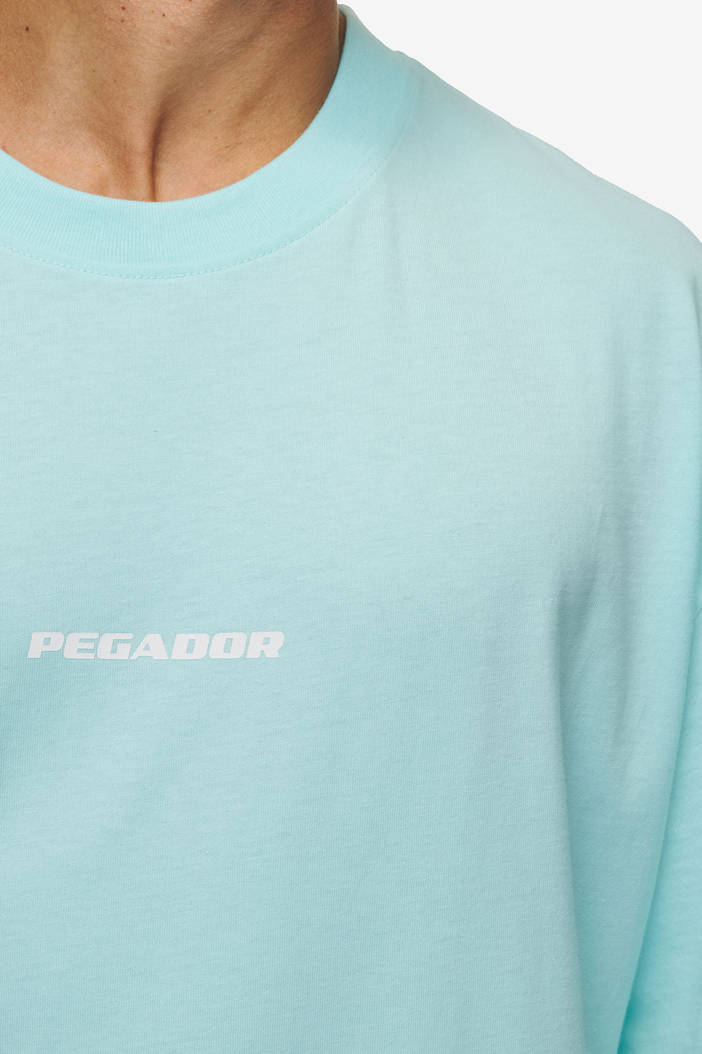 Pegador Colne Logo Oversized Tee Washed Sky Blue White Detailshot aus der High summer Kollektion für Herren