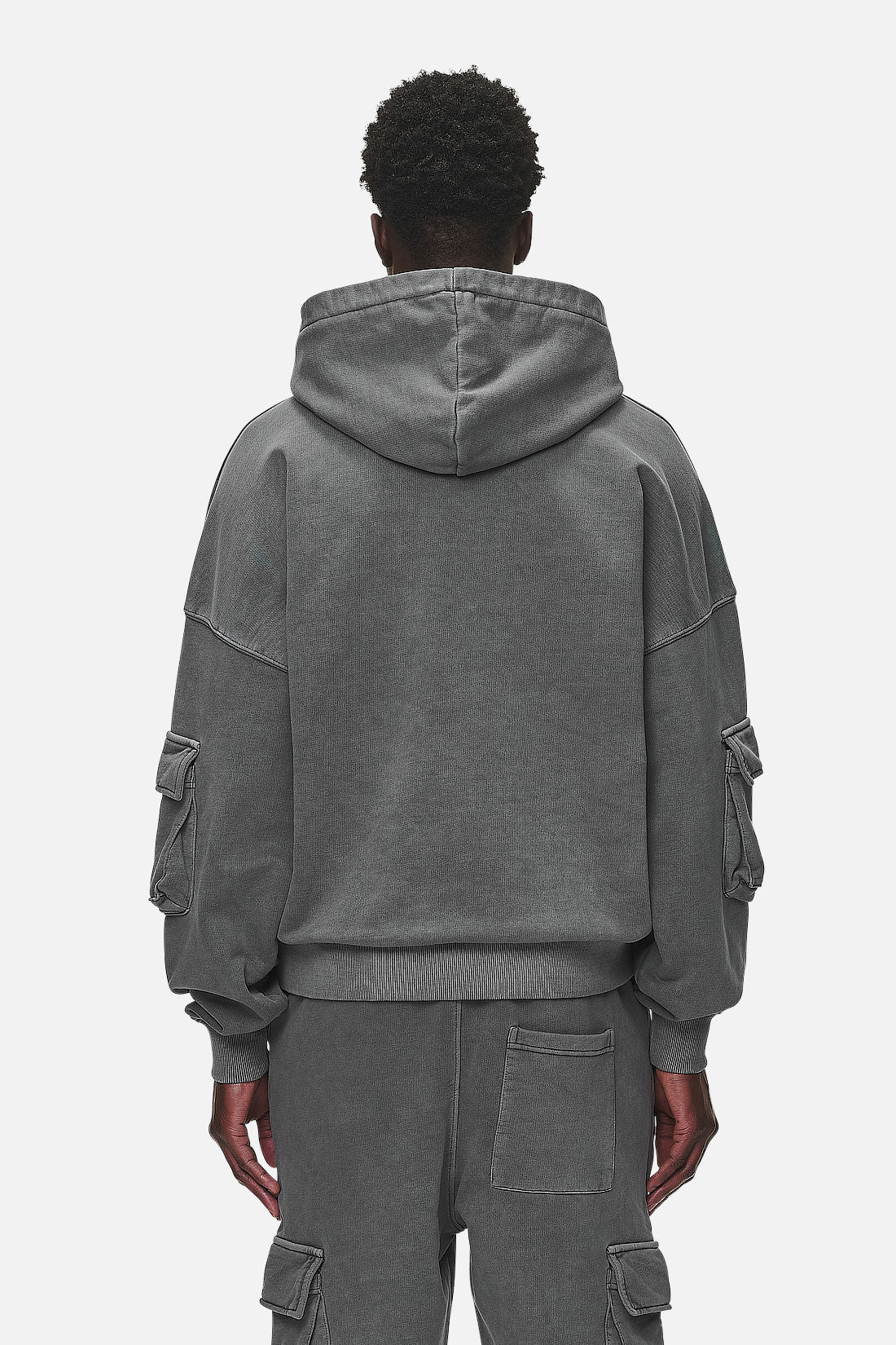 Pegador Harvey Terry Cargo Boxy Hoodie Vintage Grey Gegenansicht aus der Never Too Late Kollektion für Herren