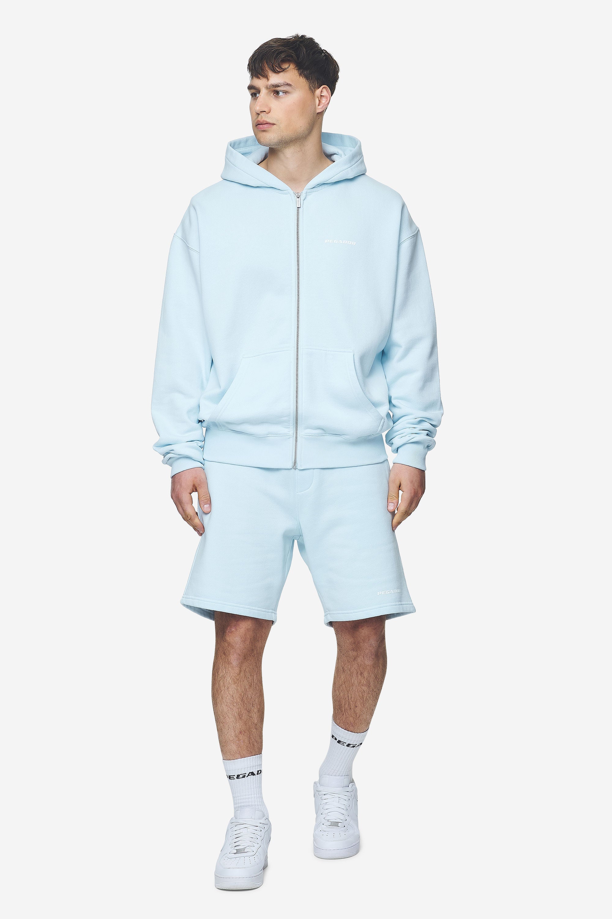 Pegador Logo Oversized Sweat Jacket Washed Baby Blue White Gum Ganzkörper Bild aus der Next Wave Kollektion für Herren