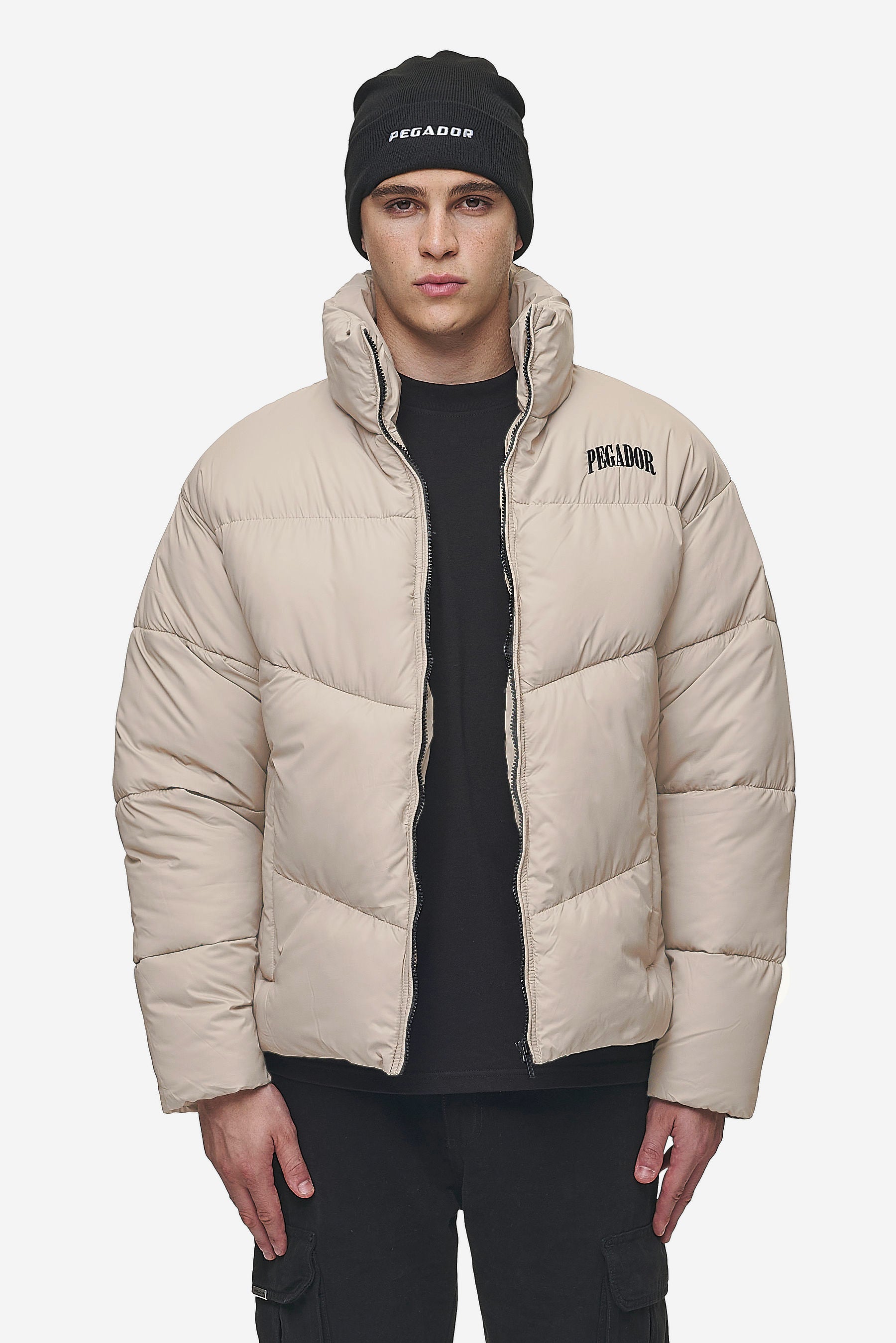 Beige puffa jacket deals